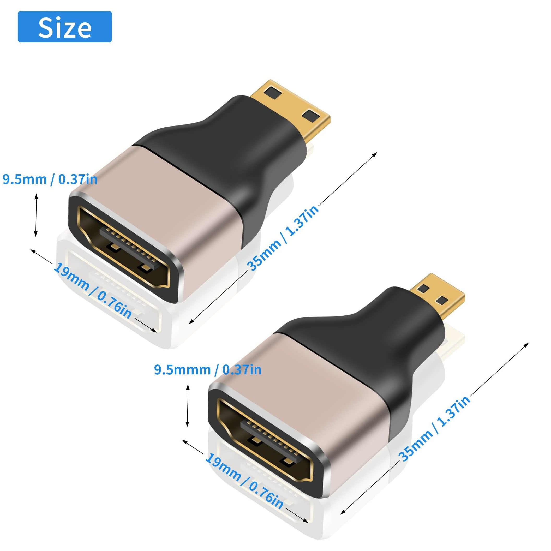 Adaptateur câble vidéoprojecteur mini HDMI et micro HDMI vers HDMI, vue de face