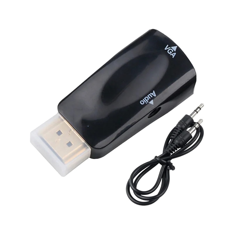Adaptateur HDMI VGA 1080p avec sortie audio jack, vue de trois quarts