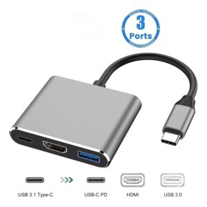 Adaptateur USB C HDMI trois en un, charge et port USB, vue de trois quarts