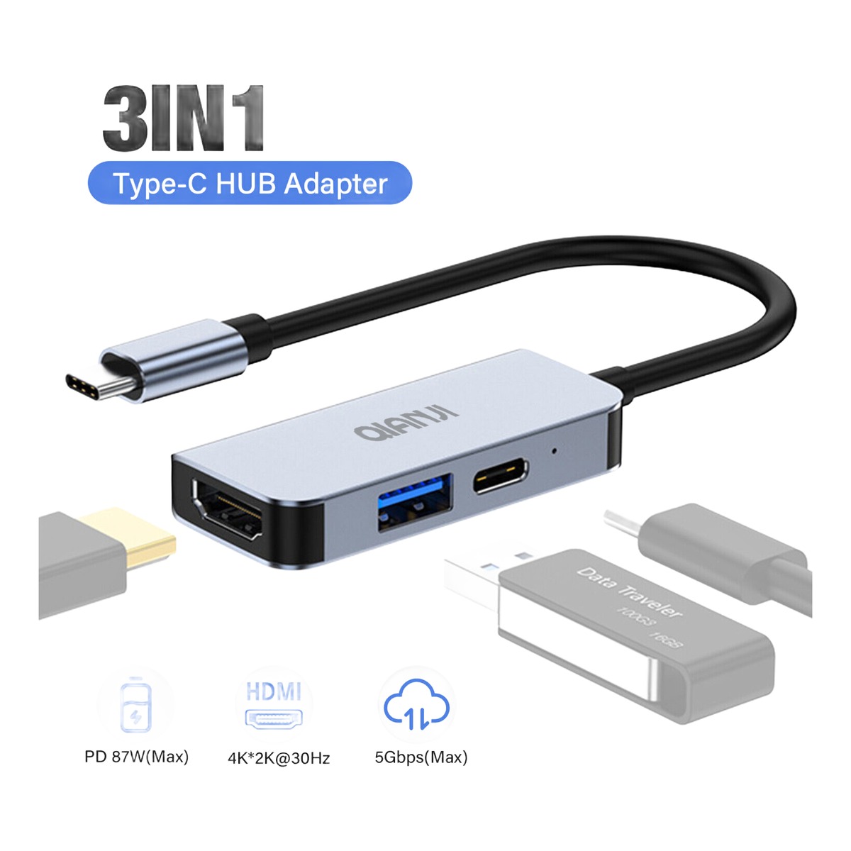 Adaptateur USB-C vers HDMI 3 en 1 avec USB 3.0 et charge 100 W, vue de trois quarts