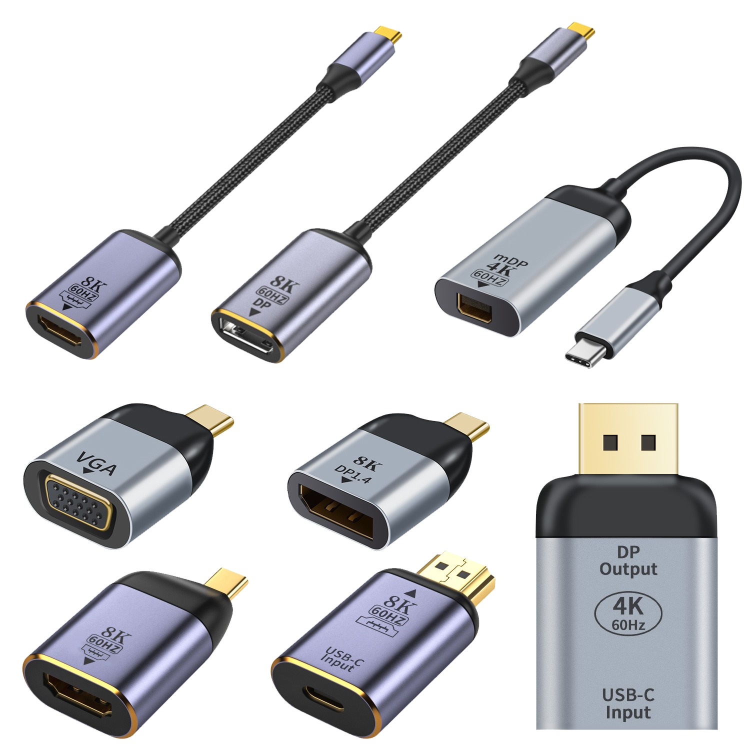 Adaptateur USB-C vers HDMI ou DisplayPort pour vidéoprojecteur, 4K et 8K, vue principale