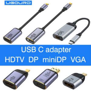 Adaptateur USB-C vers HDMI ou DisplayPort pour vidéoprojecteur, 4K et 8K, vue de trois quarts