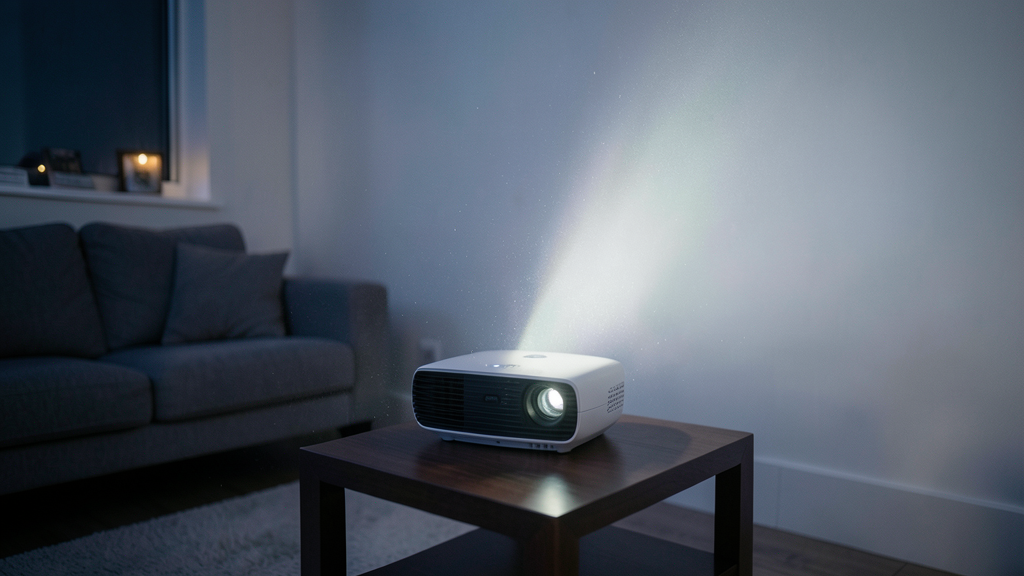Vidéoprojecteur projetant une image lumineuse mesurée en ANSI lumens dans un salon