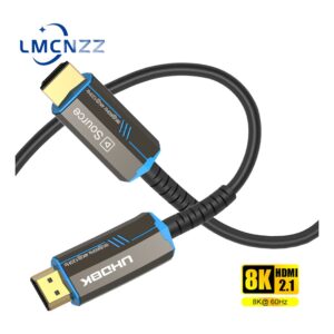 Câble HDMI fibre optique 8K, longueurs jusqu'à vingt mètres, vue de trois quarts