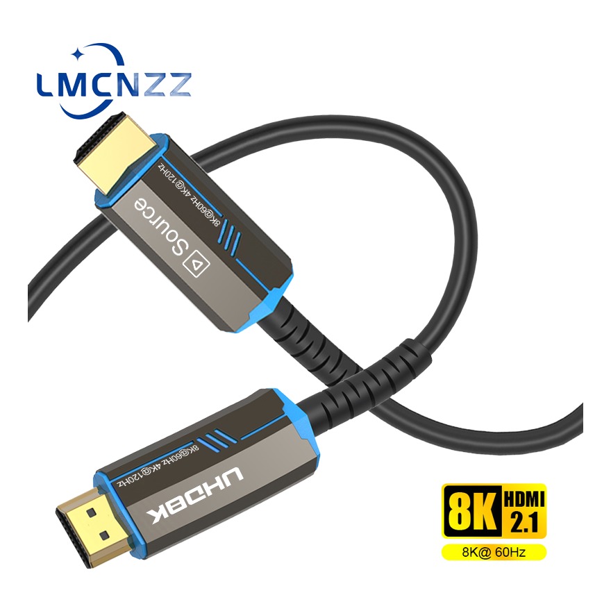 Câble HDMI fibre optique 8K, longueurs jusqu'à vingt mètres, vue de trois quarts