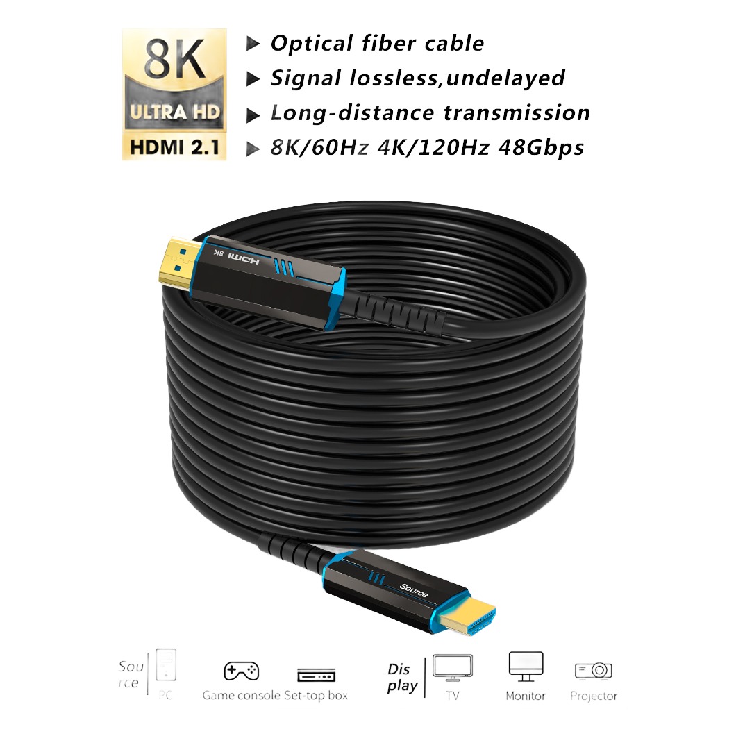 Câble HDMI fibre optique 8K, longueurs jusqu'à vingt mètres, vue de face