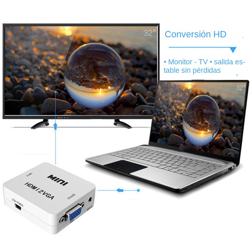 Cable videoprojecteur : adaptateur VGA et HDMI avec audio, vue de trois quarts