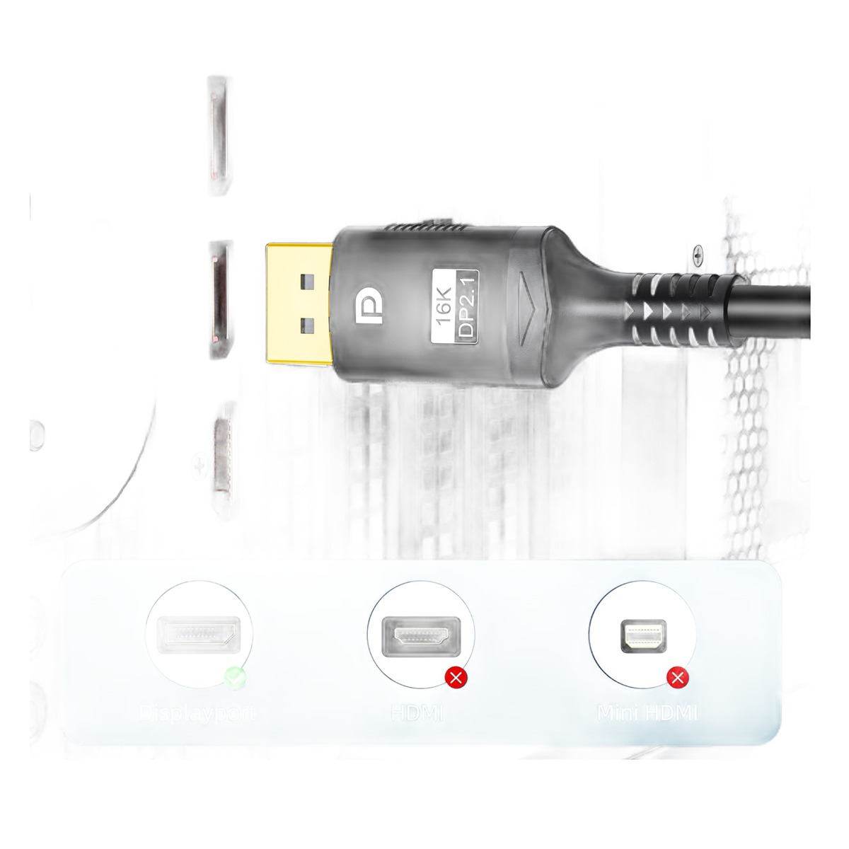 Câble vidéoprojecteur DisplayPort 2.1, plusieurs longueurs, vue de trois quarts