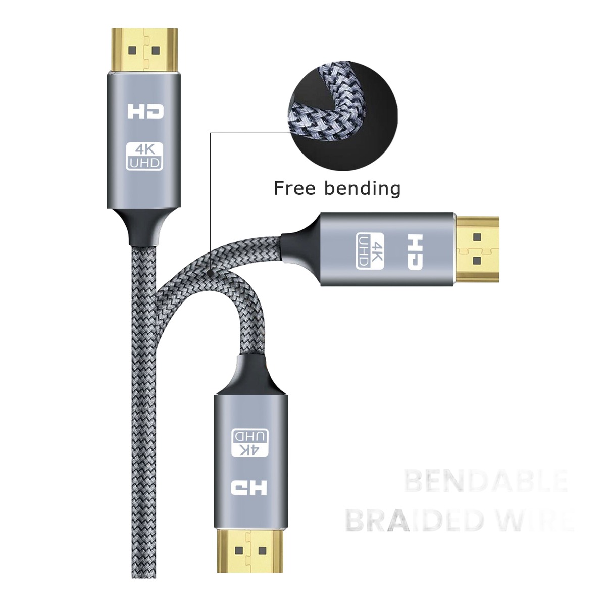 Cable videoprojecteur HDMI 2.0 4K HDR en trois longueurs, vue de trois quarts