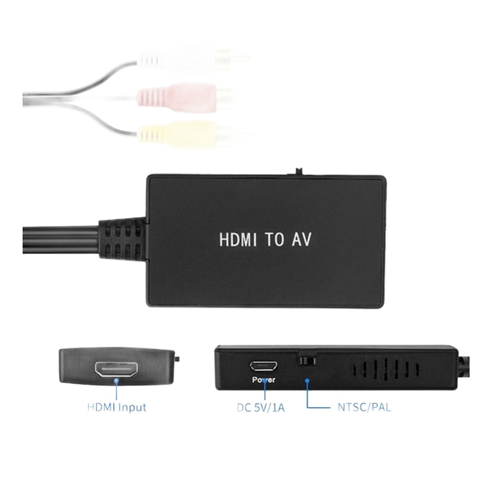 Câble vidéoprojecteur HDMI vers AV, convertisseur vers entrée RCA, vue de trois quarts
