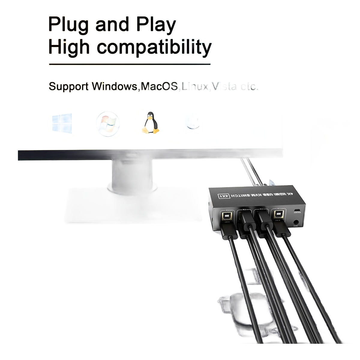 Cable videoprojecteur, switch kvm HDMI 4 ports en 4K a 60 Hz avec pedale, detail