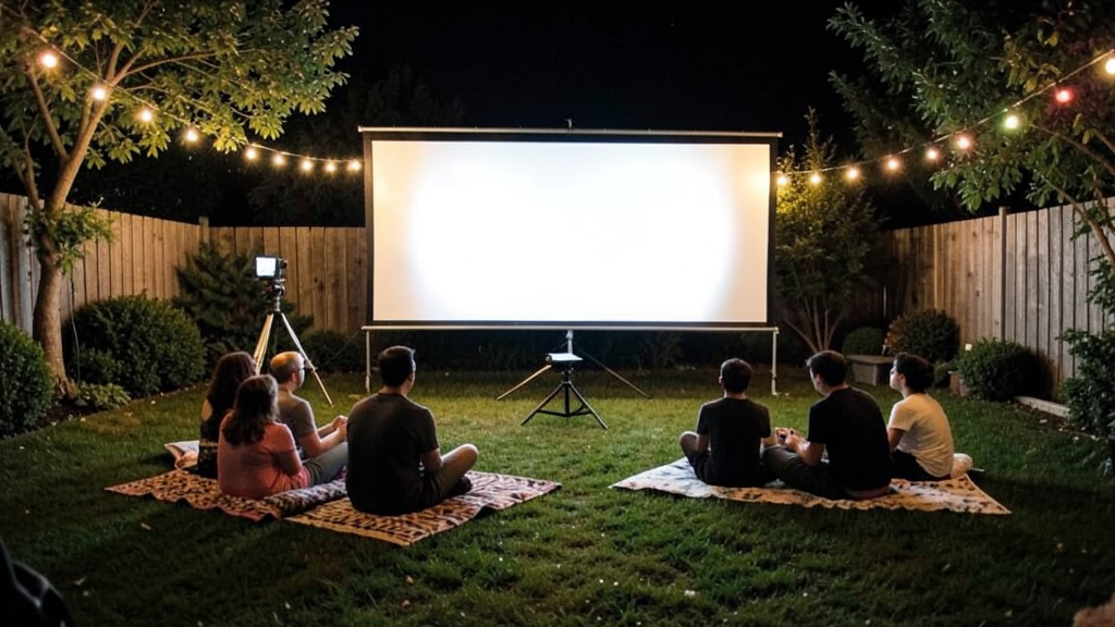 Cinéma en plein air dans un jardin, écran et spectateurs