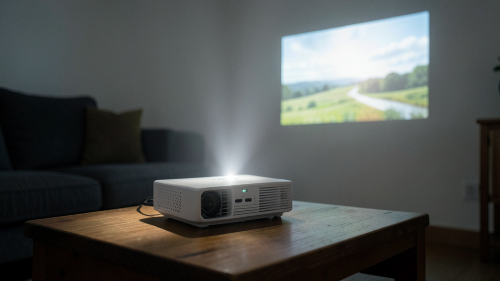 Petit vidéoprojecteur projetant un paysage sur un mur, pour montrer comment fonctionne un vidéoprojecteur