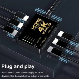Commutateur HDMI 5 entrées avec télécommande, 4K, vue de trois quarts