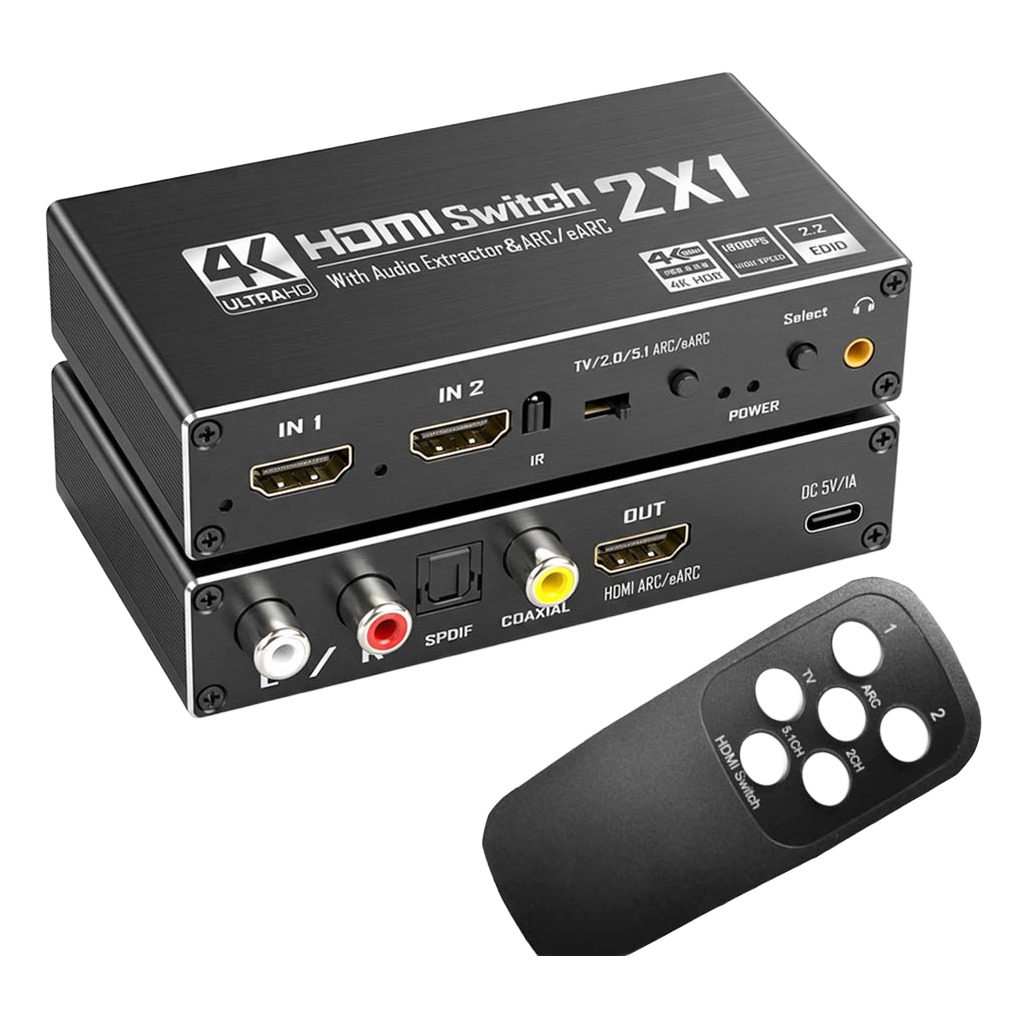 Commutateur HDMI avec extracteur audio, 2 vers 1, câble vidéoprojecteur, vue principale