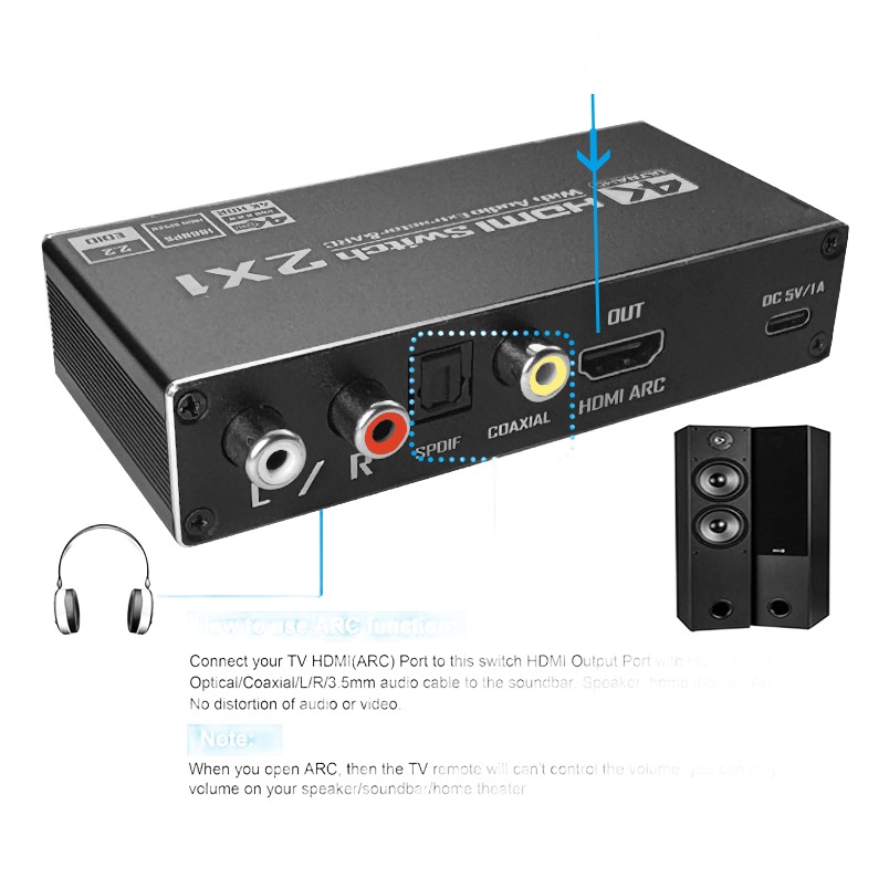 Commutateur HDMI avec extracteur audio, 2 vers 1, câble vidéoprojecteur, vue de trois quarts