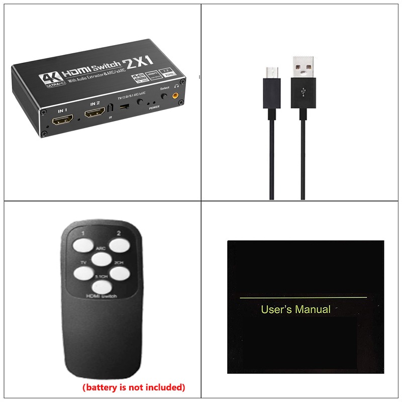 Commutateur HDMI avec extracteur audio, 2 vers 1, câble vidéoprojecteur, vue de face