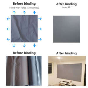 Écran de projection en tissu tendu pour cinéma maison, vue de profil