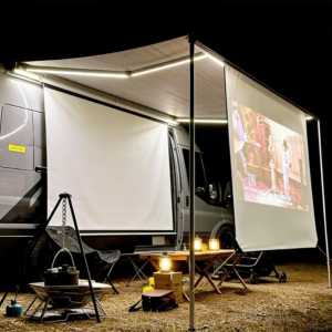 Écran de projection extensible pour camping-car, vue principale