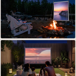 Écran de projection extérieur 70 pouces pour camping, vue de trois quarts