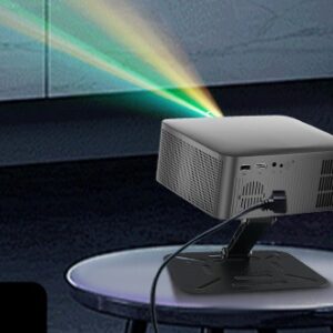 Ecran de projection, mini Vidéoprojecteur Android 14 WiFi6 Bluetooth, vue de trois quarts