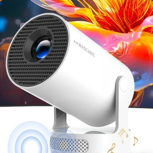 Ecran de projection, mini Vidéoprojecteur HY300 Pro+ Android 14 Wifi6, vue de trois quarts