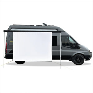 Écran de projection pliant pour camping-car, vue de trois quarts