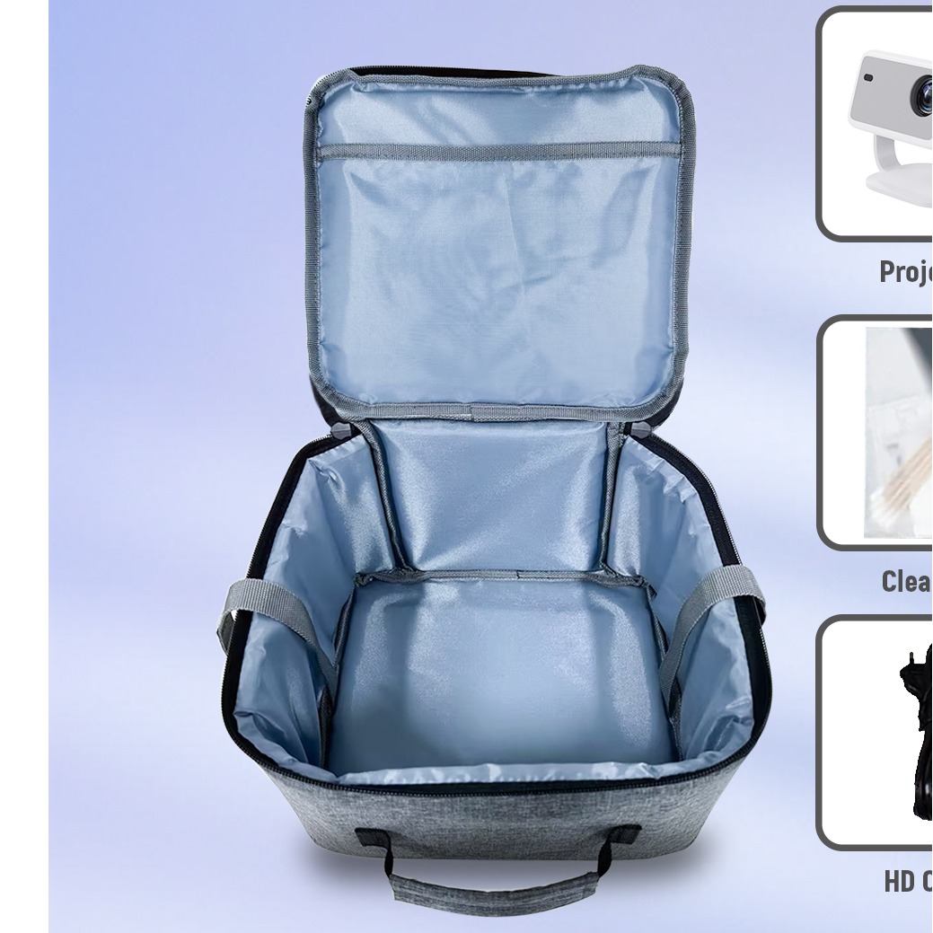 Ecran de projection, sac de rangement pour mini projecteur portable, vue de profil