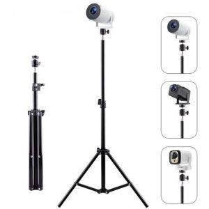 Ecran de projection, trépied extensible pour mini projecteur de voyage, vue de trois quarts