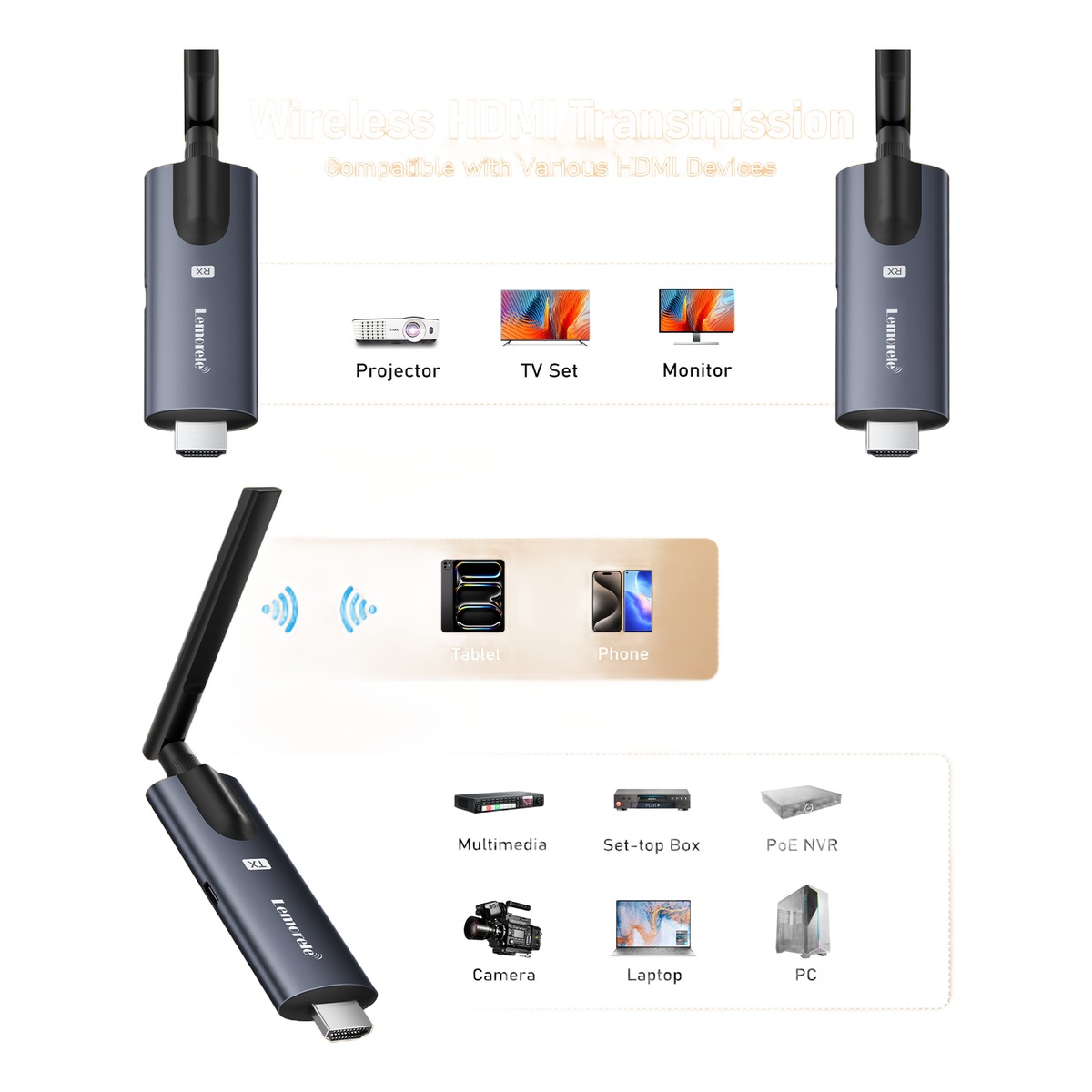 Émetteur et récepteur HDMI sans fil, portée annoncée 200 m, vue de trois quarts