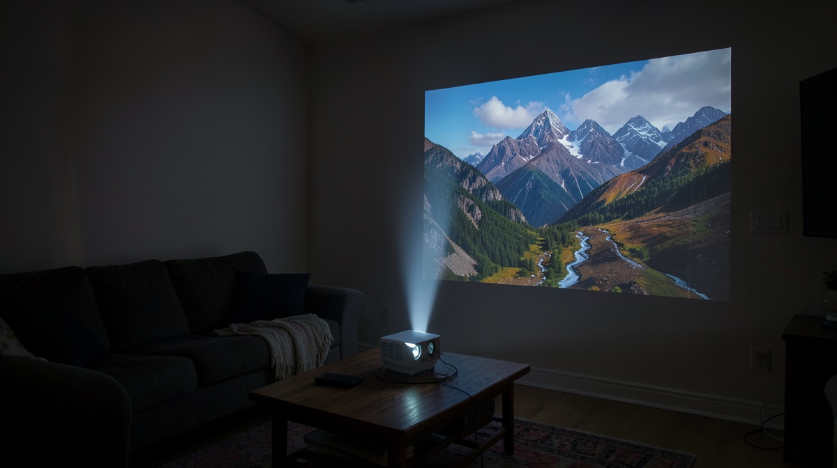 Full HD ou 4K : vidéoprojecteur posé sur une table basse projetant un paysage de montagne sur le mur du salon