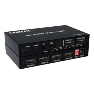 Matrice HDMI 4 entrées 2 sorties 4K, câble vers vidéoprojecteur et TV, vue principale