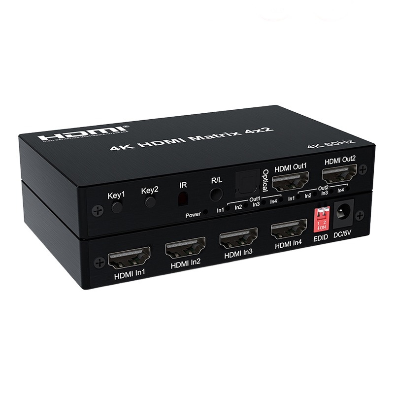 Matrice HDMI 4 entrées 2 sorties 4K, câble vers vidéoprojecteur et TV, vue principale
