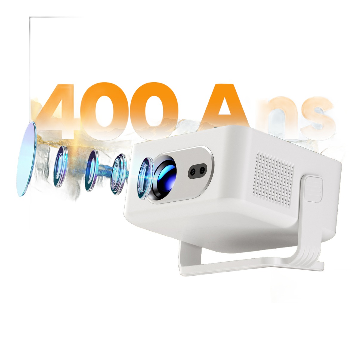 Mini vidéoprojecteur 720p à mise au point automatique, vue de trois quarts