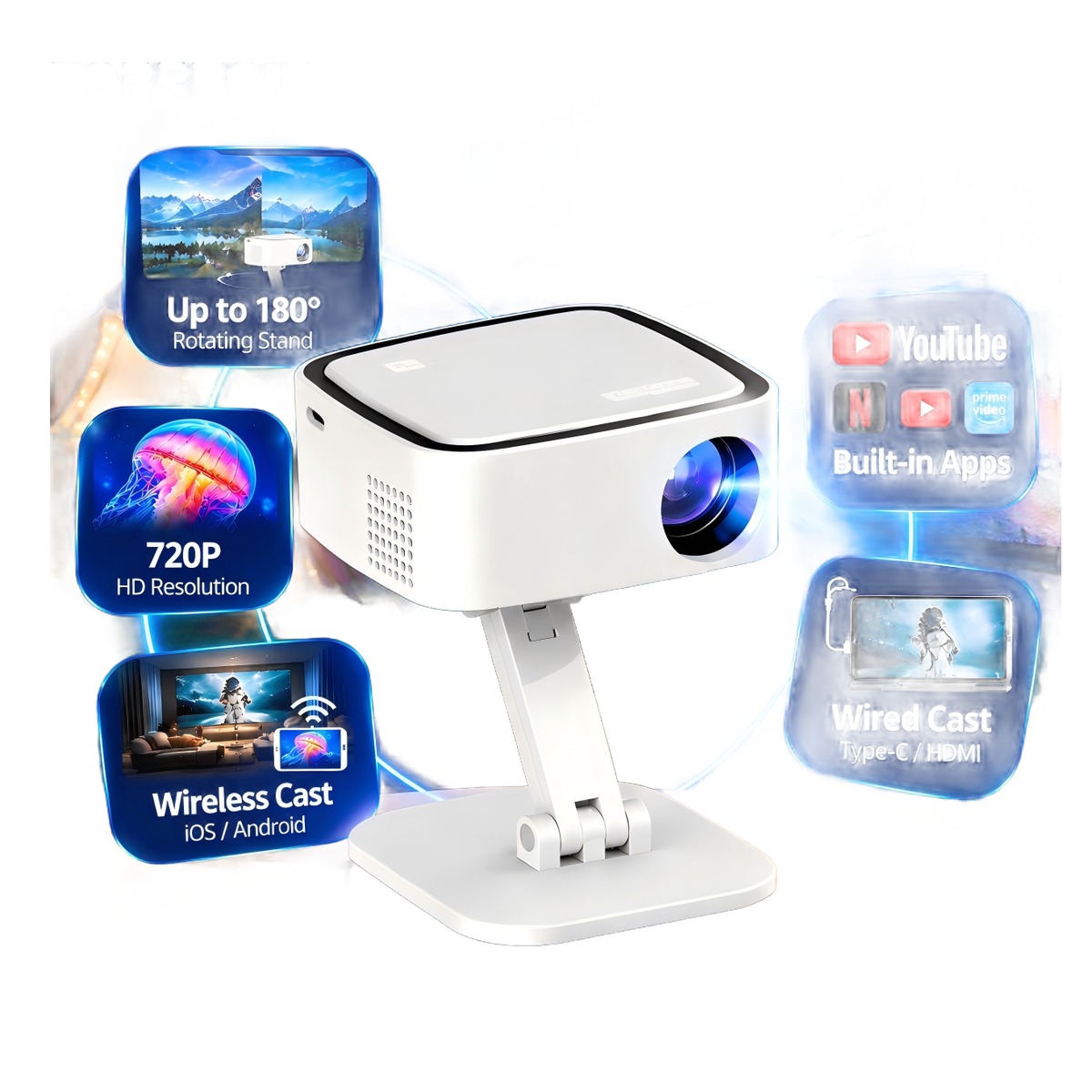 Mini vidéoprojecteur cube 720p, alimenté en USB-C, pied pivotant, vue de trois quarts