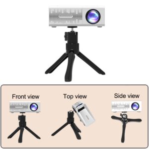 Mini vidéoprojecteur de bureau avec trépied et télécommande, vue de trois quarts