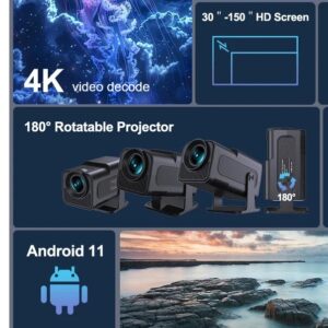 Mini Vidéoprojecteur HY320 Android 11, Rotatif 180°, vue de trois quarts