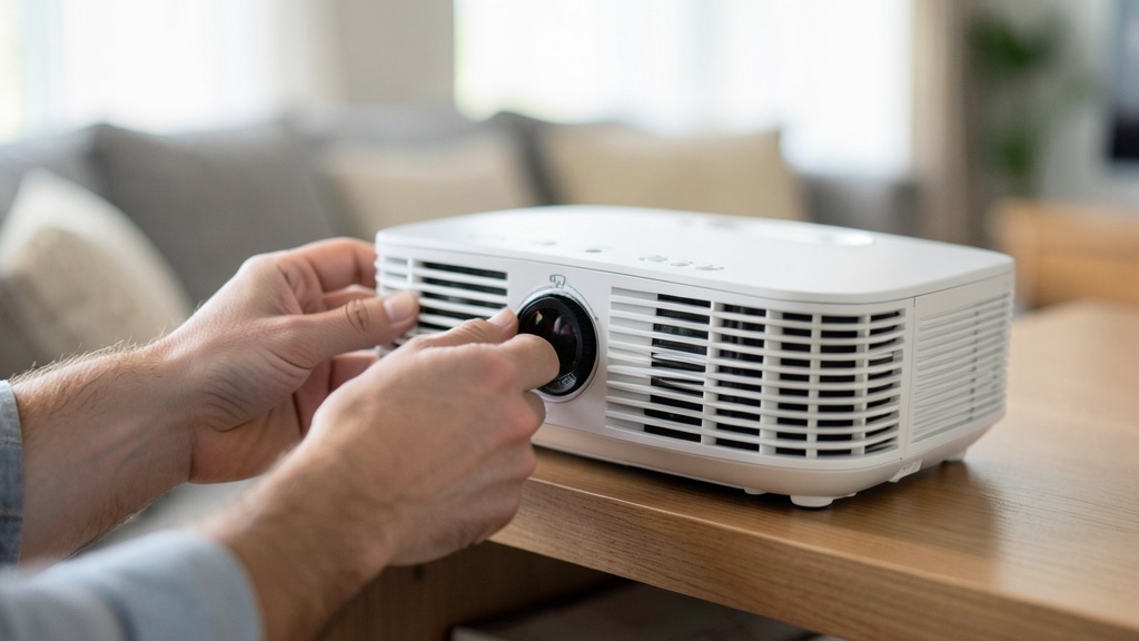 Mains reglant la bague de mise au point d un videoprojecteur blanc