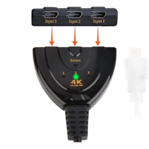 Repartiteur cable videoprojecteur HDMI 3 vers 1 en 4K, vue de trois quarts