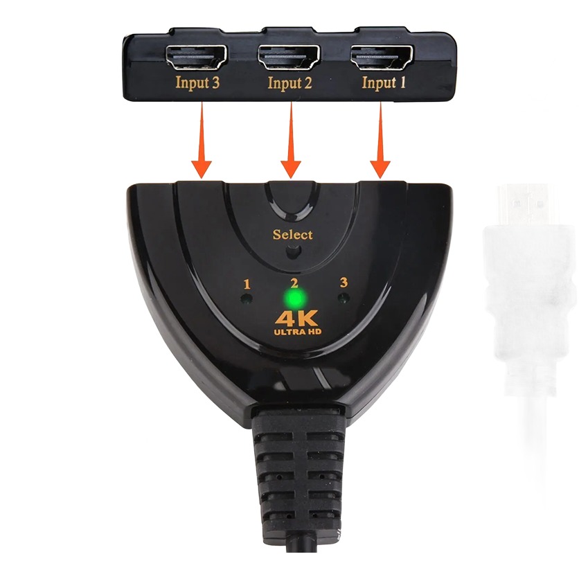 Repartiteur cable videoprojecteur HDMI 3 vers 1 en 4K, vue de trois quarts