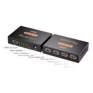 Répartiteur HDMI alimenté vers 2 ou 4 écrans, câble vidéoprojecteur, vue de trois quarts