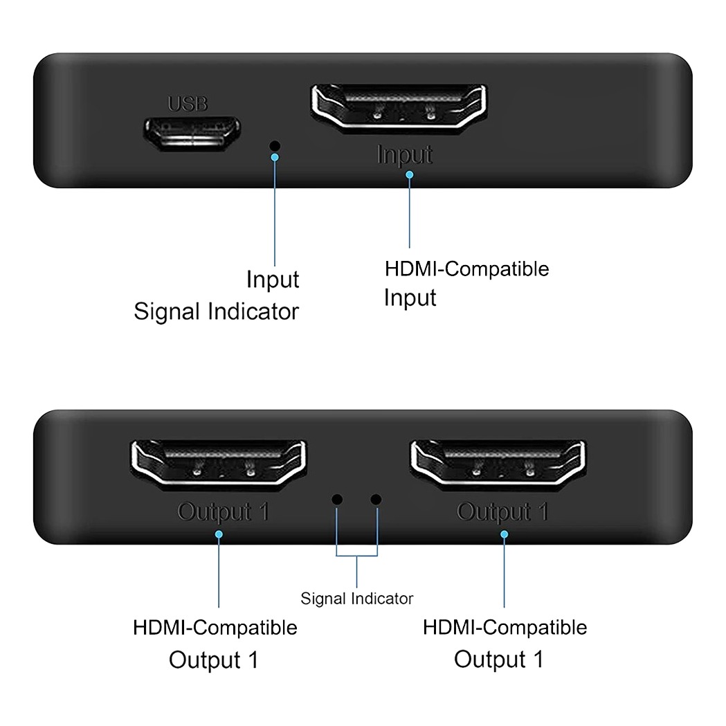 Répartiteur pour câble vidéoprojecteur HDMI 1 vers 2, vue de face