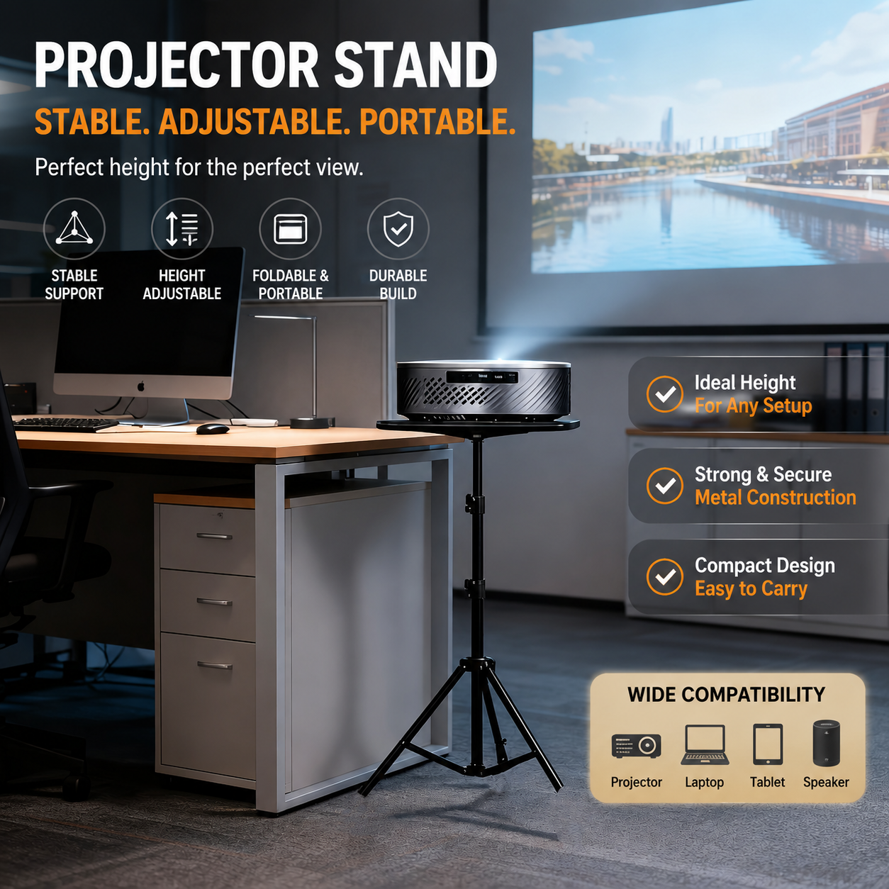 Support de projecteur réglable, trois hauteurs, vue de trois quarts