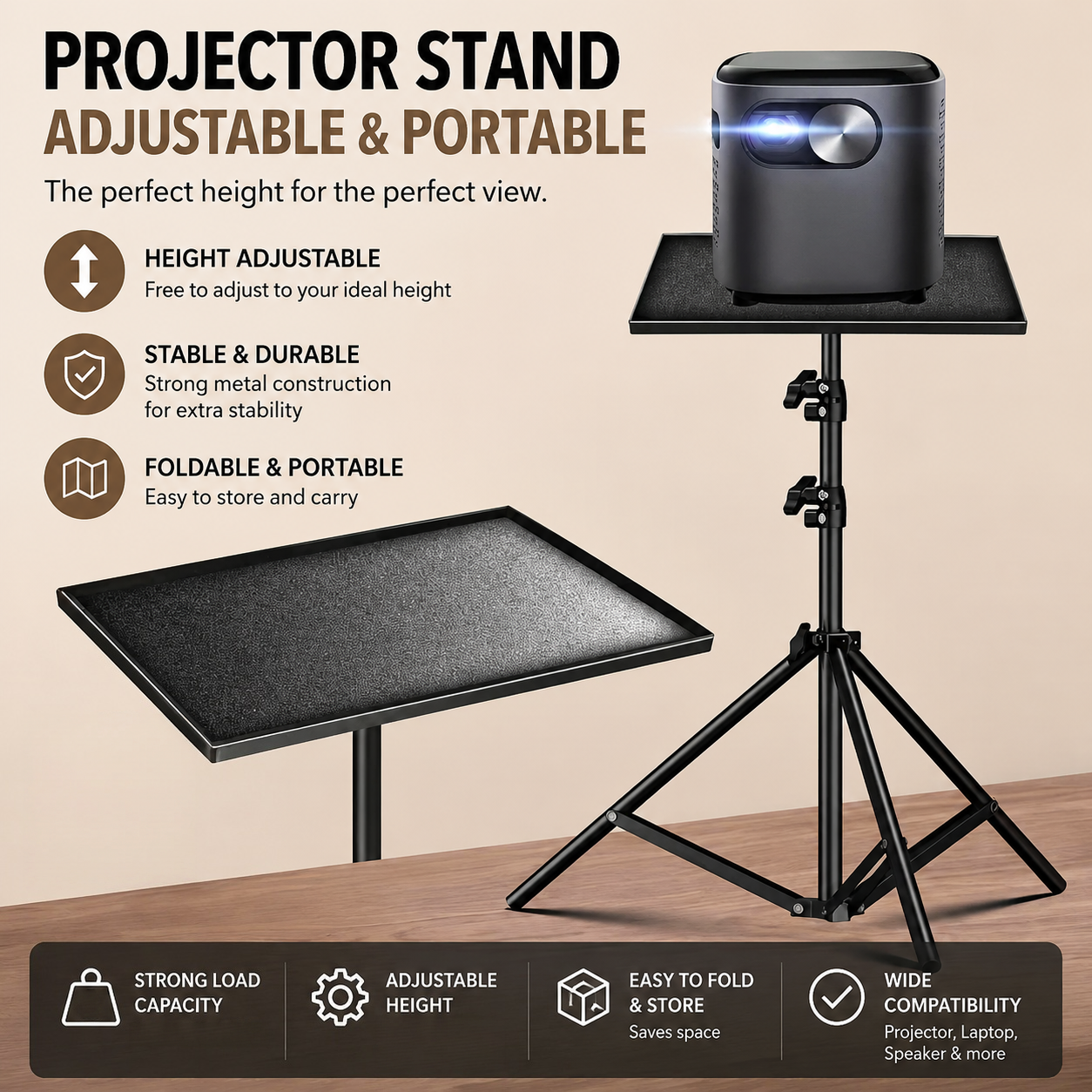 Support de projecteur réglable, trois hauteurs, vue de profil