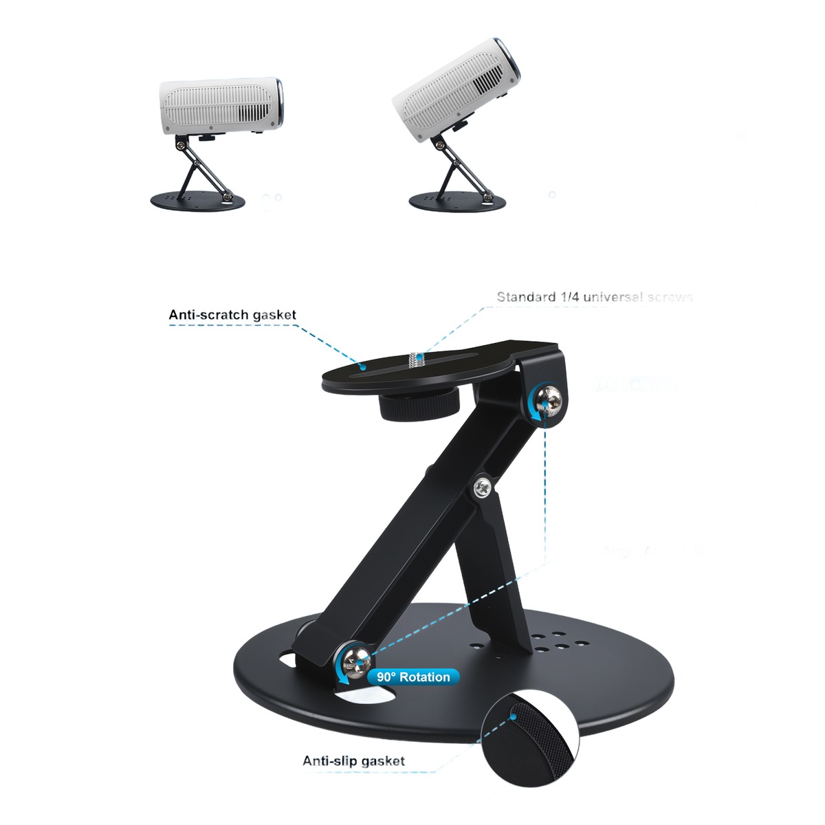 Support vidéoprojecteur de bureau orientable, vis 1/4 et pose murale, vue de face