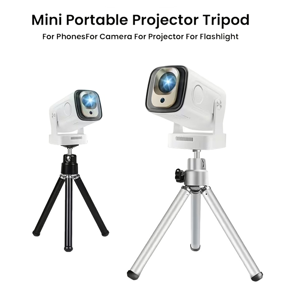 Support videoprojecteur mini trépied rotatif, deux finitions, vue de trois quarts