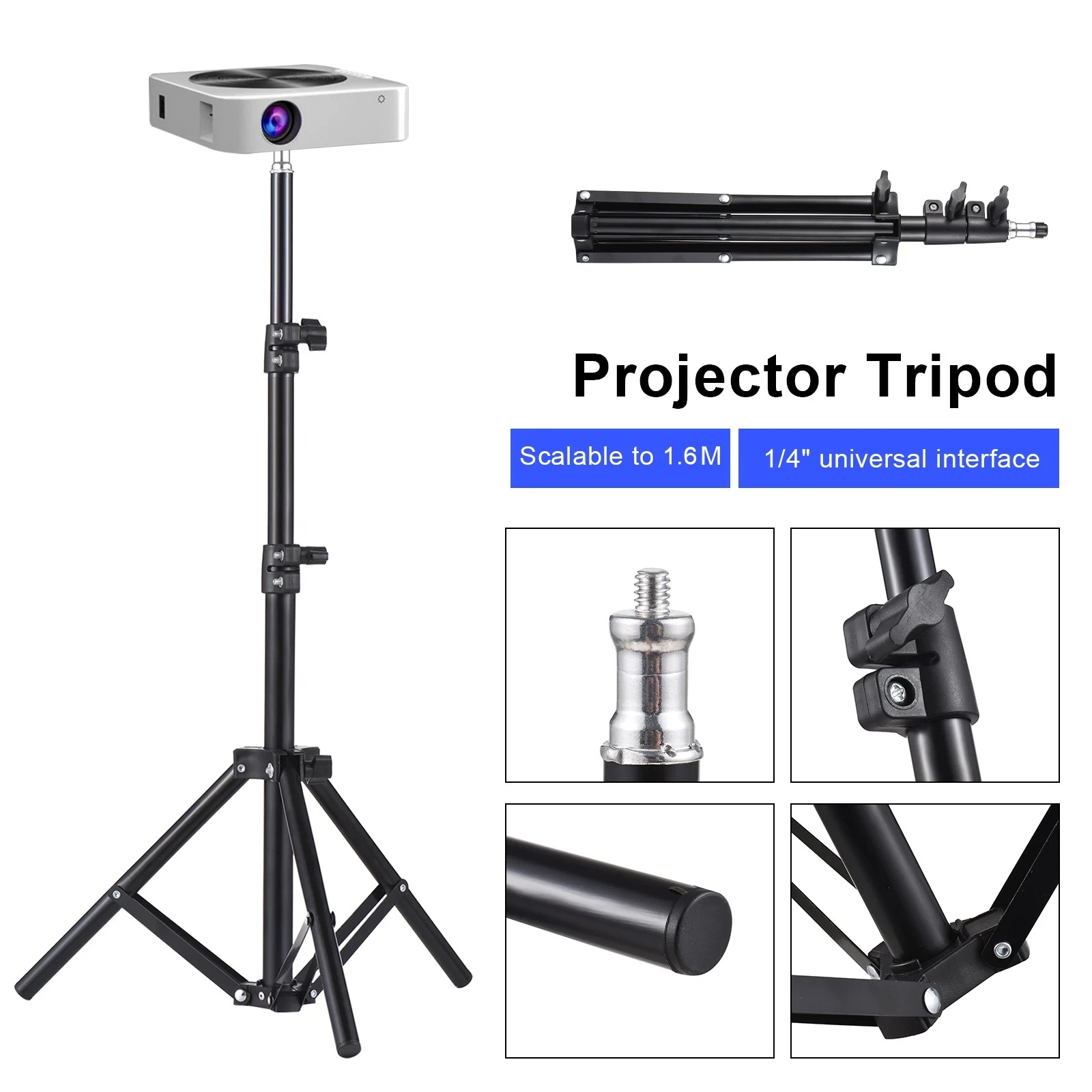 Support vidéoprojecteur trépied extensible jusqu'à 1,6 mètre, vue de face