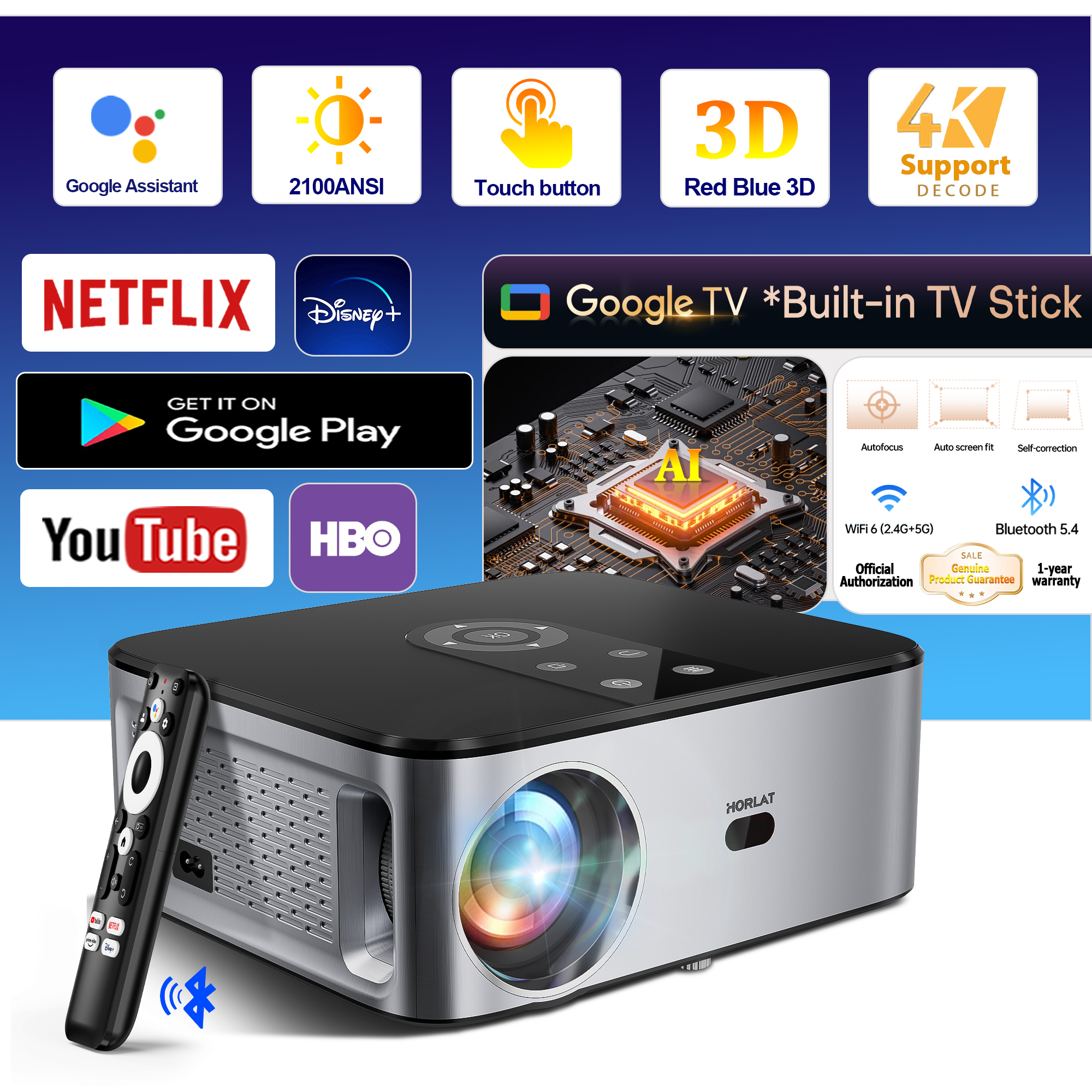 Vidéoprojecteur 4K à 2000 lumens ANSI sous Android 11, vue principale