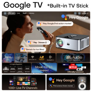 Vidéoprojecteur 4K à 2000 lumens ANSI sous Android 11, vue de face
