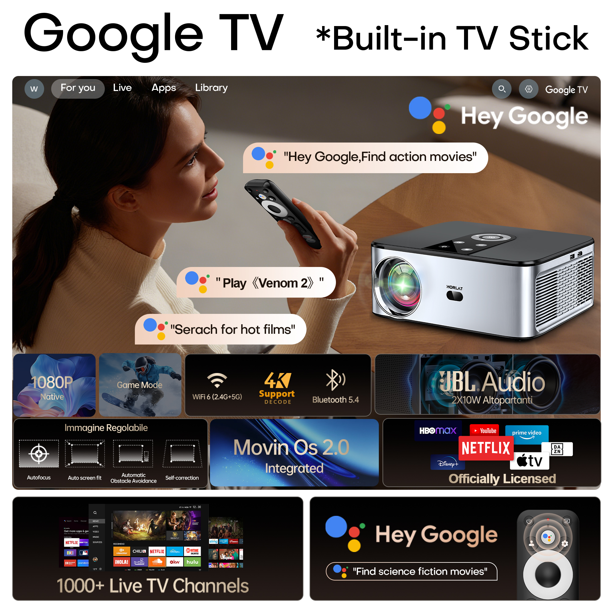 Vidéoprojecteur 4K à 2000 lumens ANSI sous Android 11, vue de face